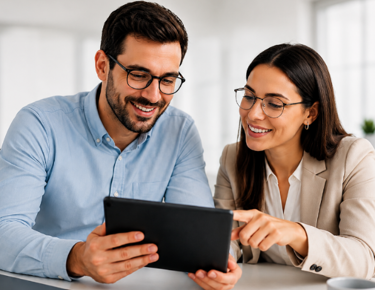 man and woman looking at tablet