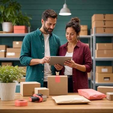 man and woman looking at a tablet