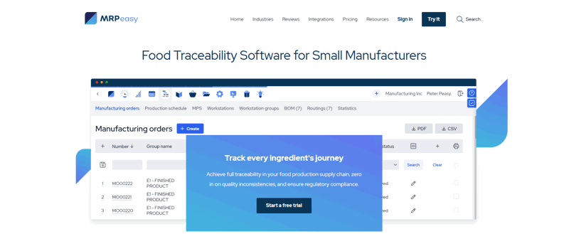 MRPEasy food traceability software for small manufacturers