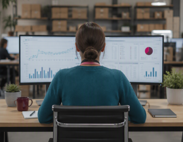 woman looking at stats in an office