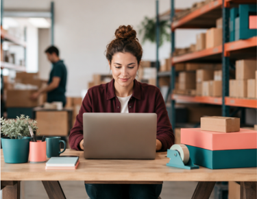 Business owner managing inventory and orders from a warehouse