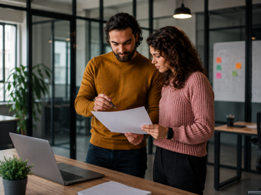 man and woman looking at a document