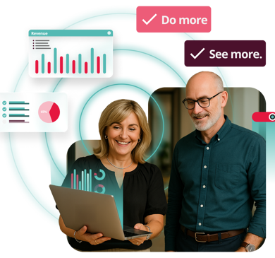 access analytics banner with two people watching a laptop with digital reports surrounding them