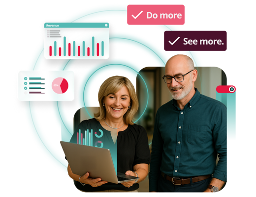 access analytics banner with two people watching a laptop with digital reports surrounding them
