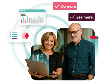 access analytics banner with two people watching a laptop with digital reports surrounding them