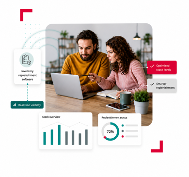 man and woman looking at laptop with replenishment statistics