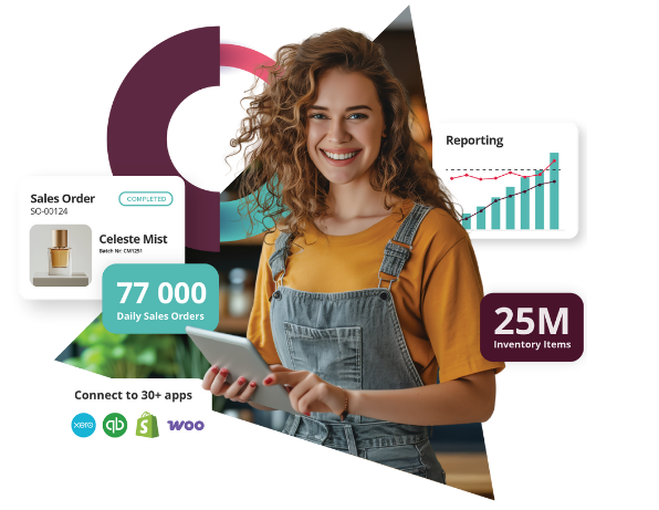 woman in coffee shop with Unleashed software stats