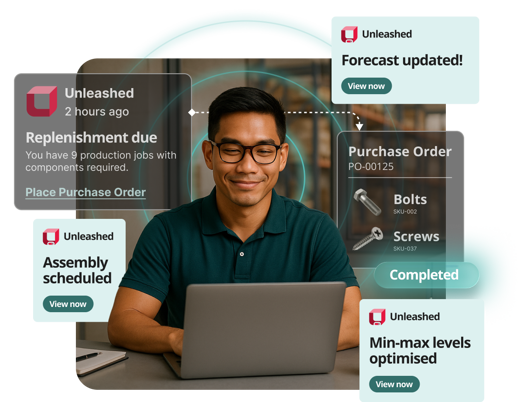 unleashed advanced inventory manager module banner with a man looking at laptop screen