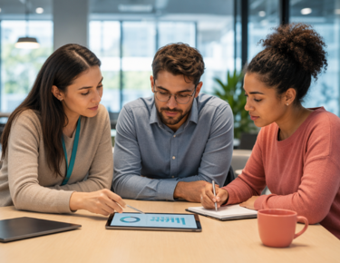 Three team members analysing inventory data on a tablet