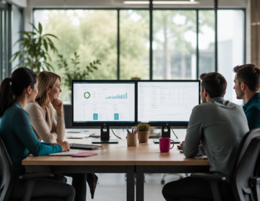 team members analysing data in an office