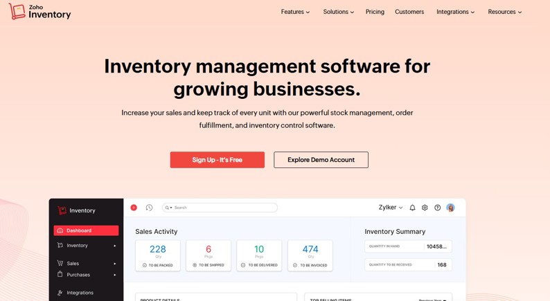 zoho inventory homepage