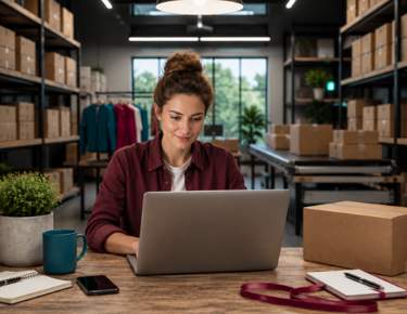 Ecommerce business owner managing Shopify orders and inventory from a warehouse