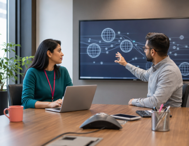 Team members reviewing business data on a screen