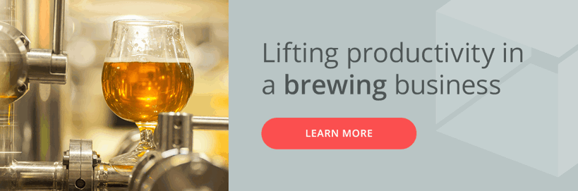 picture of a pint filled with bear and a call to action "lifting productivity in a brewing business - learn more"