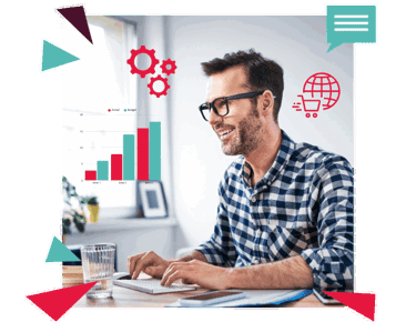 happy person working on laptop facing left